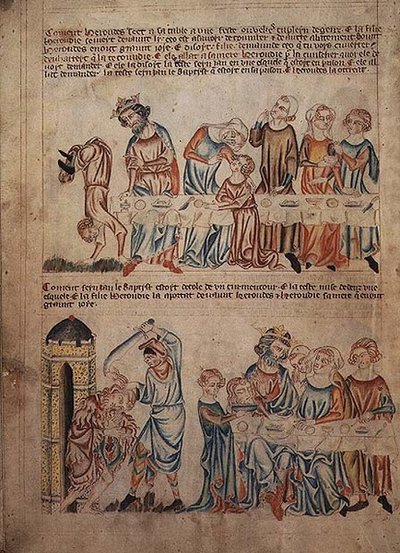 Add hozzá a 47682 f.21v Salome-t, aki Heródes és Keresztelő János halála előtt táncol, a „Holkham-bibliából”, 1320-30 körül (vellum) alkotó: English School
