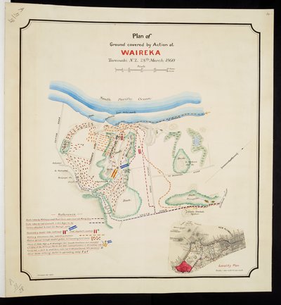 Hozzáadás. 57717, 14. tábla, „Waireka, Taranaki N.Z. tevékenységének alaprajza, 1860. március 28. (toll, tinta és akvarell papíron) alkotó: English School