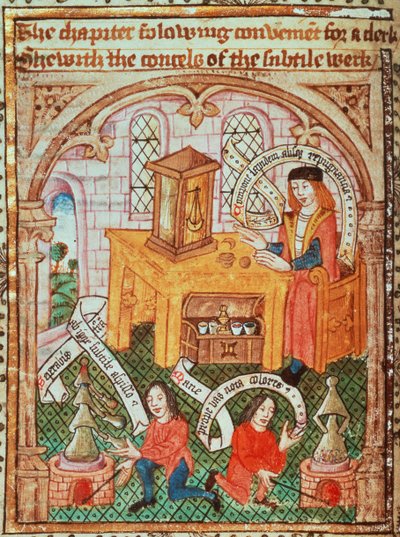 Add hozzá a hozzávalókat előkészítő MS 10302 f.37v Alchemy mestert, Thomas Norton „The Ordinal of Alchemy” című könyvéből, 1477 körül (vellum) alkotó: English School