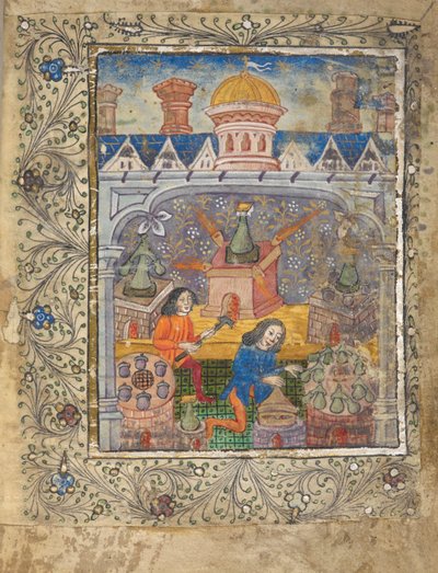 Adja hozzá az MS 10302 f.37v f. 1r Hét kemence leállításokkal, két ember által gondozott, kupolával és kéményekkel ellátott tető alatt, 1477 körül (vellum) alkotó: English School