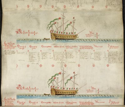 Adja hozzá az MS 22047 f.2r-t, A gályarab szív és a gályarab-antilop a „The Anthony Roll”-ból alkotó: English School