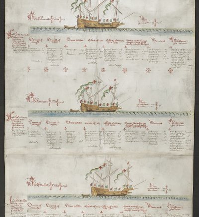 Add hozzá az MS 22047 f.4r The Unicorn és The Swallow című gályarakot a „The Anthony Roll”-ból alkotó: English School