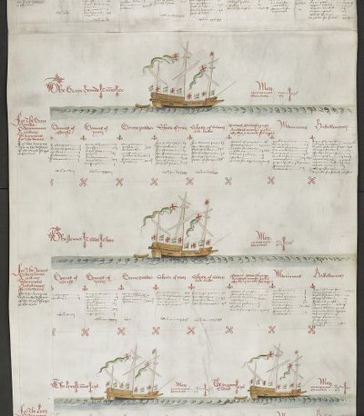 Add hozzá az MS 22047 f.6r Galleasses: The Greyhound, The Jennet, Az oroszlán és a sárkány című filmet a „The Anthony Roll”-ból alkotó: English School