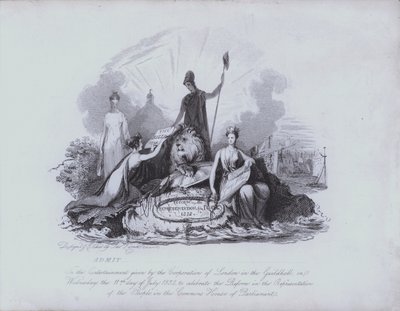 Belépőjegy a Guildhall szórakoztatására, amelyet a londoni City Corporation biztosít az 1832-es Nagy Reformtörvény Alsóház általi elfogadásának megünneplésére (rézkarc) alkotó: English School