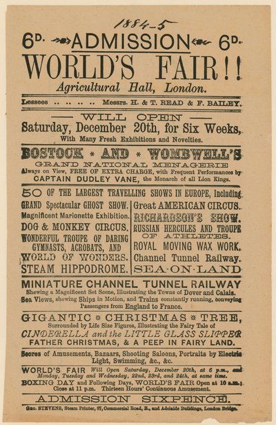 Belépő a világkiállításra, Agricultural Hall, Islington, 188485 alkotó: English School