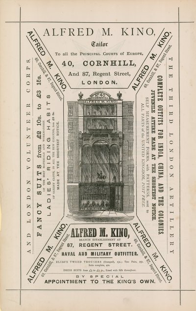 Alfred M Kino, szabó, 40 Cornhill és 87 Regent Street, London hirdetése alkotó: English School