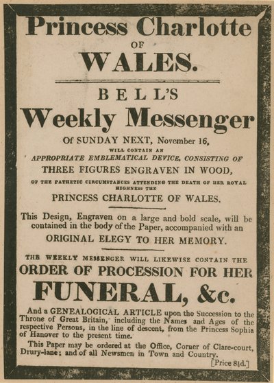 A Bells Weekly Messenger hirdetése 1817. november 16-án, vasárnap alkotó: English School