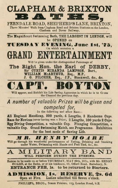 Clapham and Brixton Baths, Ferndale Road, Shepherds Lane, Brixton, London hirdetése; Boyton kapitány közreműködésével alkotó: English School
