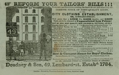 A Doudney & Son, City ruházati intézmény hirdetése, 49 Lombard Street, London alkotó: English School