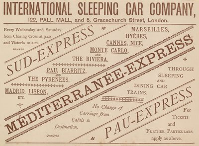 Az International Sleeping Car Company hirdetése, 122 Pall Mall és 5 Graceshurch Street, 1888 alkotó: English School
