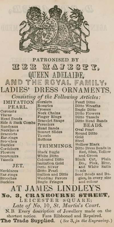James Lindleys hirdetése, 3 Cranbourne Street, Leicester Square, London alkotó: English School