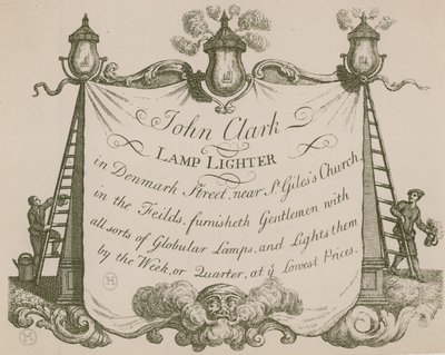 John Clarke lámpagyújtó hirdetése, Denmark Street, London alkotó: English School