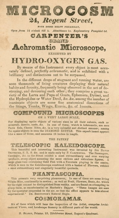 A Microcosm kiállítás hirdetése a londoni Regent Street 24. szám alatt alkotó: English School