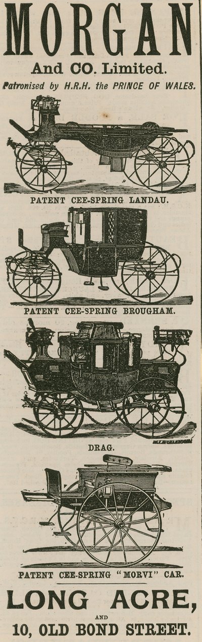 A Morgan & Co Ltd., kocsigyártók hirdetése, Long Acre és 10 Old Bond Street, London alkotó: English School