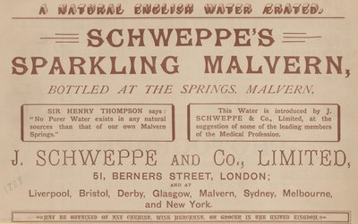 A forrásoknál palackozott Schweppes Sparkling Malvern hirdetése, Malvern alkotó: English School