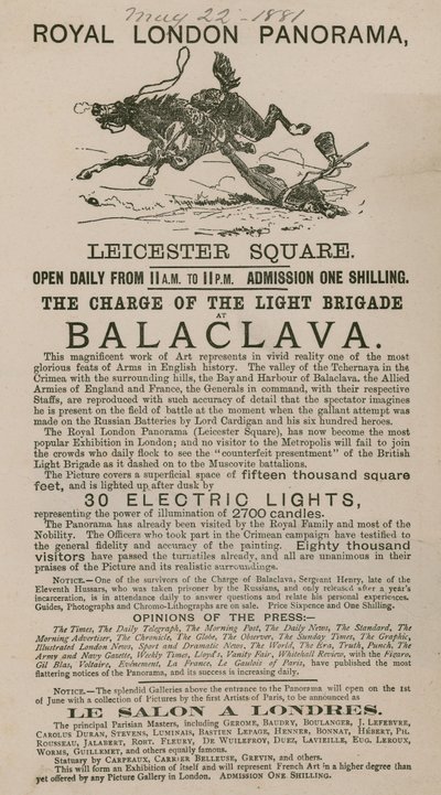 A Royal London Panorama hirdetése a Balaclava-i Light Brigade rohamával alkotó: English School