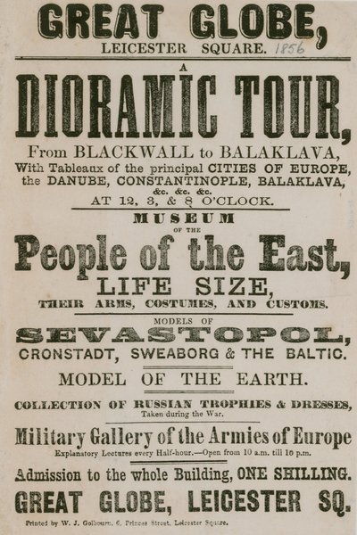 Diorámás körút hirdetése Blackwalltól Balaklaváig, Európa fő városainak tablóival alkotó: English School