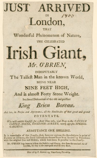 Charles Byrne, más néven OBrien, az ír óriás megjelenésének hirdetése, a világ legmagasabb embere alkotó: English School
