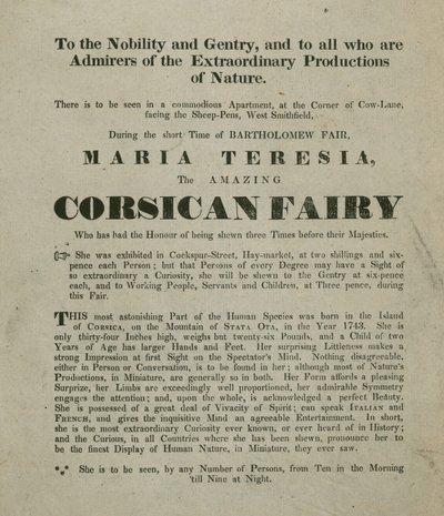 Madame Maria Theresia, a korzikai tündér megjelenésének hirdetése alkotó: English School