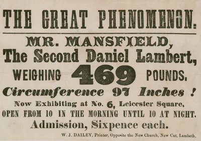 Hirdetés Mr Mansfield, egy második Daniel Lambert megjelenéséről, aki 469 fontot nyom. alkotó: English School