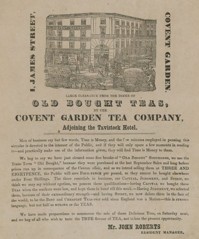 Régi vásárolt teák hirdetése a Covent Garden Tea Company-tól alkotó: English School