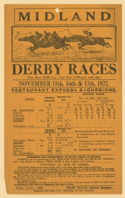 Vasúti kirándulás hirdetése a Midland Derby Races versenyre, 1922. november 15-17. alkotó: English School