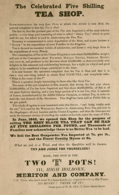 Az ünnepelt öt shilling teabolt, a Meriton and Company hirdetése alkotó: English School