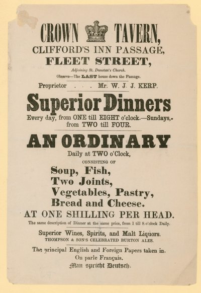 A Crown Tavern hirdetése, Cliffords Inn Passage, Fleet Street, London alkotó: English School