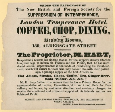 A London Temperance Hotel hirdetése az Új Brit és Külföldi Társaság a mértéktelenség elnyomásával védnöksége alatt alkotó: English School