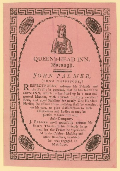 A Queens Head Inn hirdetése, Borough, London alkotó: English School