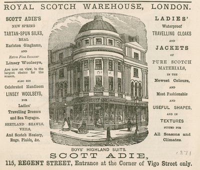 A Royal Scotch Warehouse hirdetése, 115 Regent Street, London alkotó: English School