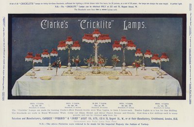 Reklám, Clarke "Cricklite" lámpái (chromolitho) alkotó: English School