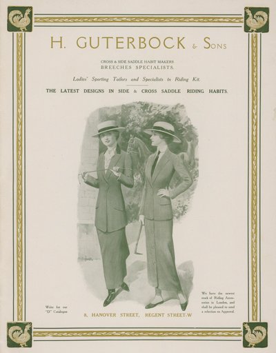 H Guterbock & Sons, női sportszabók és lovaglókészlet (színes litho) specialisták hirdetése alkotó: English School