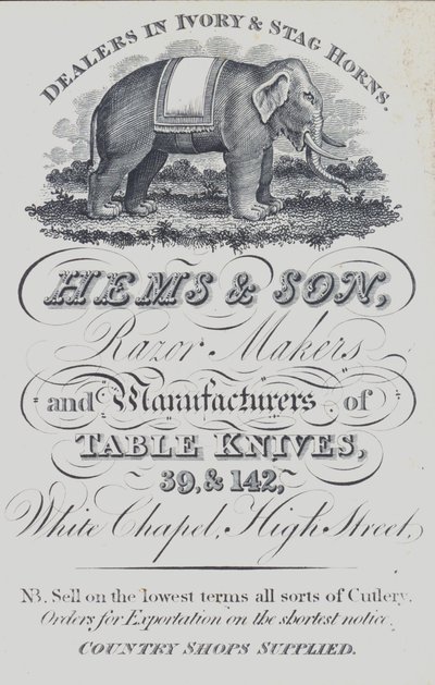 Reklám a Hems & Son cégnek, elefántcsont- és szarvasszarv-kereskedőknek, borotvakészítőknek és asztali kések gyártóinak, London (litho) alkotó: English School