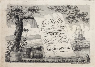 John Kelly, sajtkereskedő hirdetése, 98 High Street, Shoreditch, London alkotó: English School