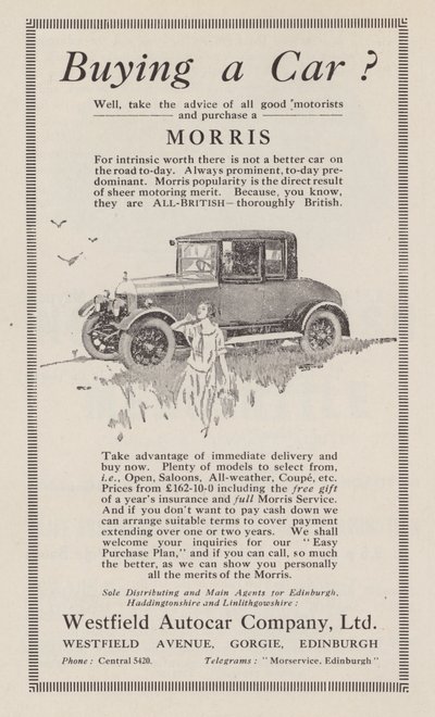 Werbung für Morris-Autos, 1926 von English School