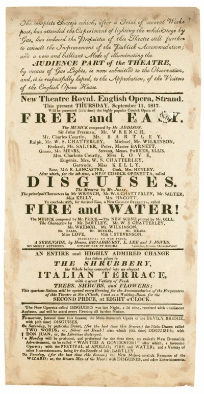 A New Theatre Royal, English Opera, Strand, London hirdetése 1817. szeptember 11-én, említve a gázvilágítást alkotó: English School