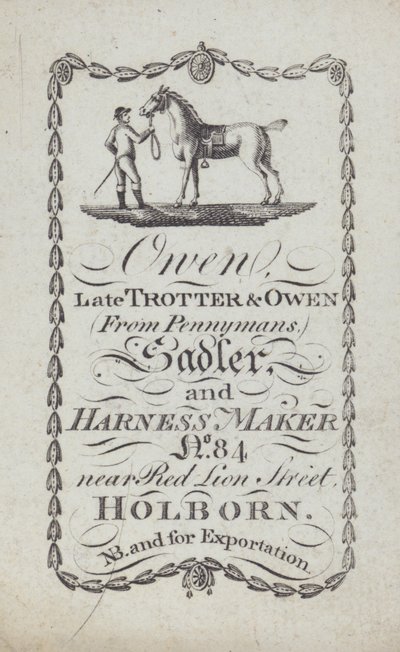 Hirdetés Owen, nyerges és hámkészítő, London (litográfia) alkotó: English School