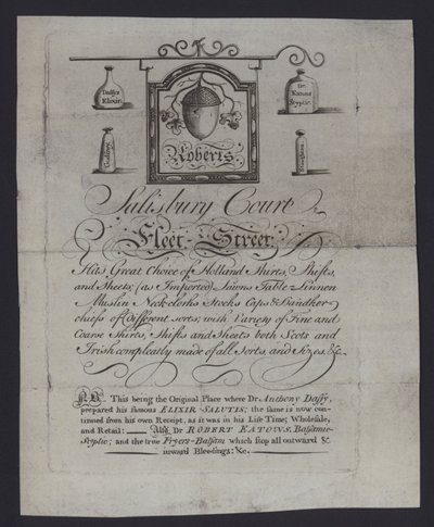 Roberts, ruhakereskedők hirdetése, a Salisbury Court, Fleet Street, London, ahol Dr. Anthony Daffy elkészítette Elixir Salutis című művét (metszet) alkotó: English School