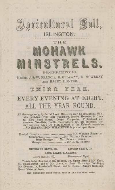 A Mohawk Minstrels reklámja a mezőgazdasági csarnokban alkotó: English School