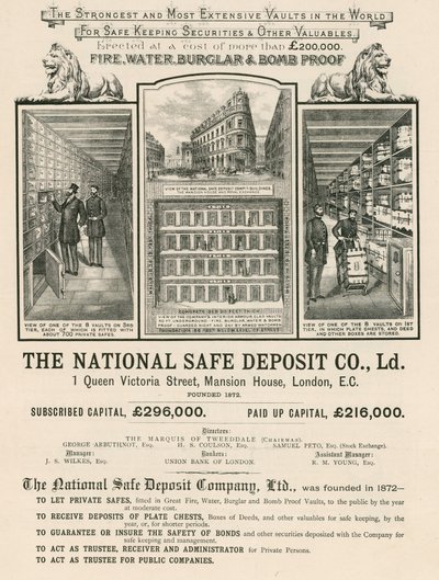 A National Safe Deposit Company hirdetése, Queen Victoria Street 1, Mansion House, London alkotó: English School