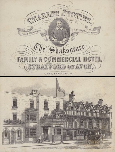 A Shakespeare Hotel hirdetése, Stratford on Avon, Warwickshire (metszet) alkotó: English School