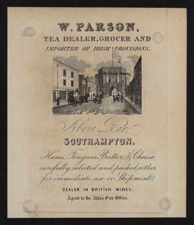 W Parson, teakereskedő, élelmiszerbolt és ír élelmiszerek importőrének hirdetése, Southampton, Hampshire alkotó: English School