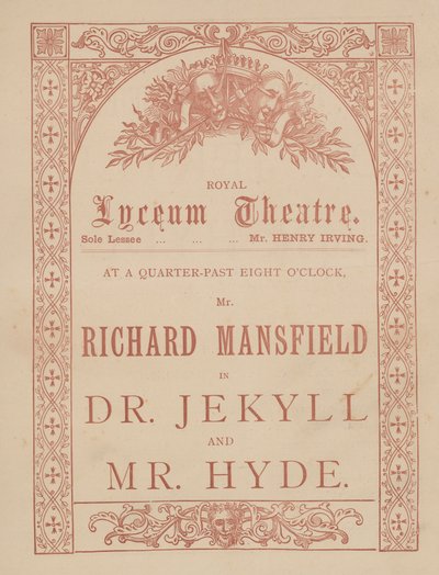 A Lyceum Theatre, Dr Jekyll és Mr Hyde reklámkártyája Richard Mansfield főszereplésével alkotó: English School