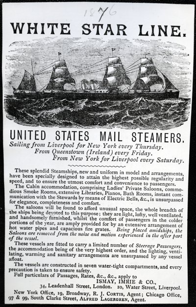 A White Star Line reklámja, 1876 (nyomtatott papír) alkotó: English School