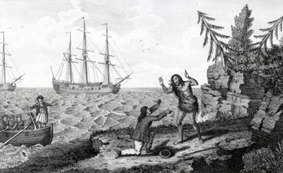 Két Mokito férfit érintő interjú, az illusztráció a Moores Voyages and Travelsből, 1778 alkotó: English School