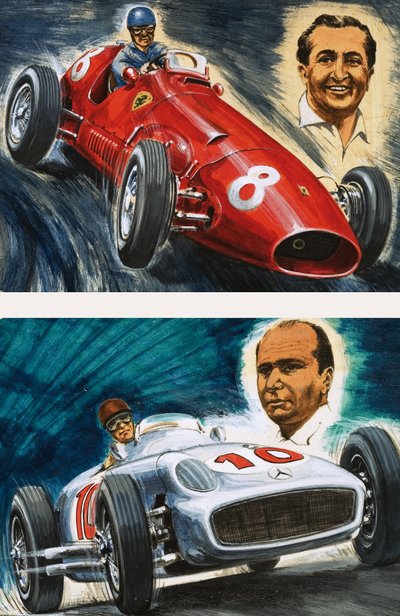 Alberto Ascari Maseratit vezet (fent) és Juan Manuel Fangio Mercedes-Benzt vezet (lent) alkotó: English School