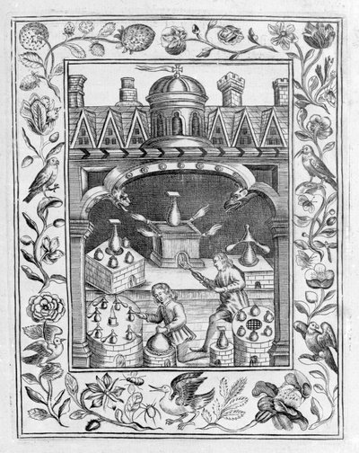 Különféle kemencéket és edényeket bemutató alkímiai laboratórium, amelyet a Theatrum Chemicum Britannicumból vett Elias Ashmole, 1652 alkotó: English School