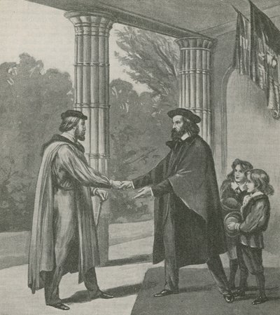 Alfred, Lord Tennyson, üdvözli Giuseppe Garibaldit Wight-szigeti otthonában alkotó: English School