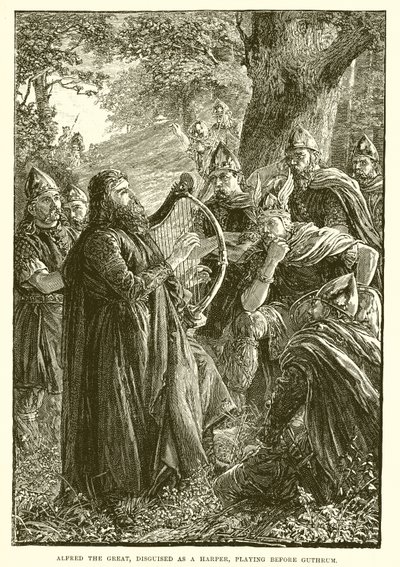 Nagy Alfréd, aki hárfásnak álcázott, Guthrum előtt játszik alkotó: English School